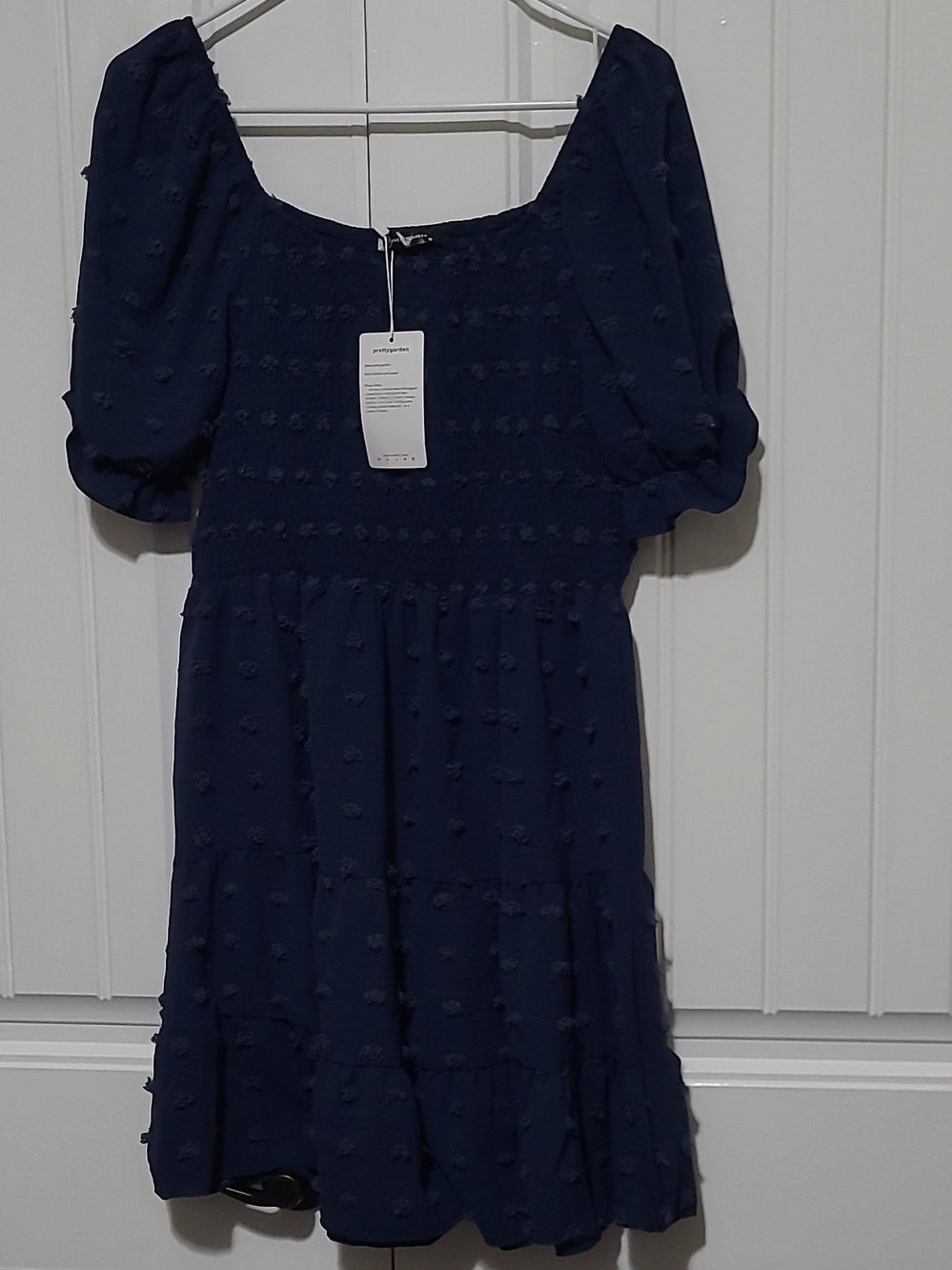 NWT Navy Blue Swiss Dot Smocked Puff Sleeve Mini Dress Knee Length Size Medium